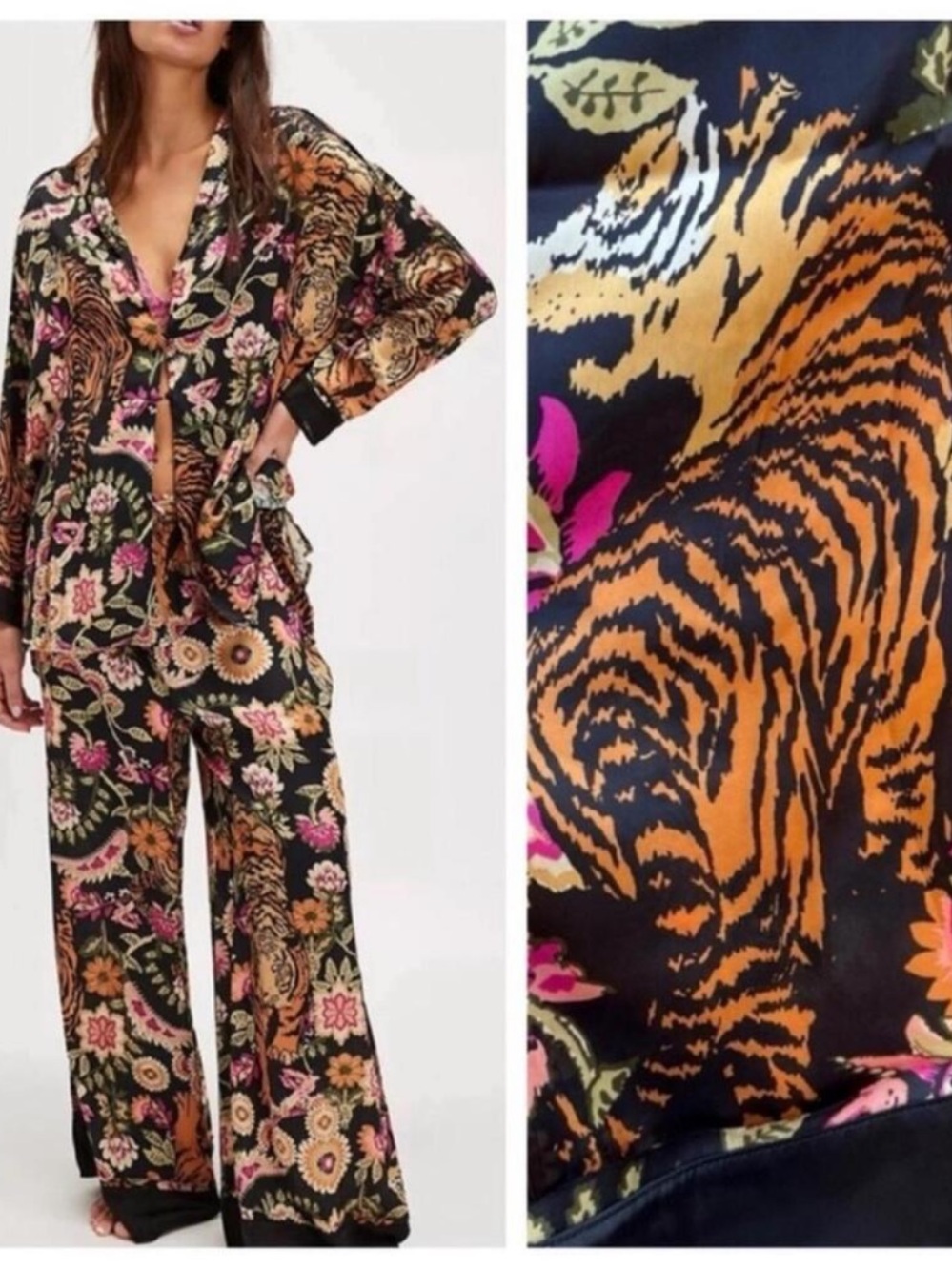 🆕 NWT FP Pajama SET Iron Combo Tiger Floral Print SILKY oversized XL Long Tall